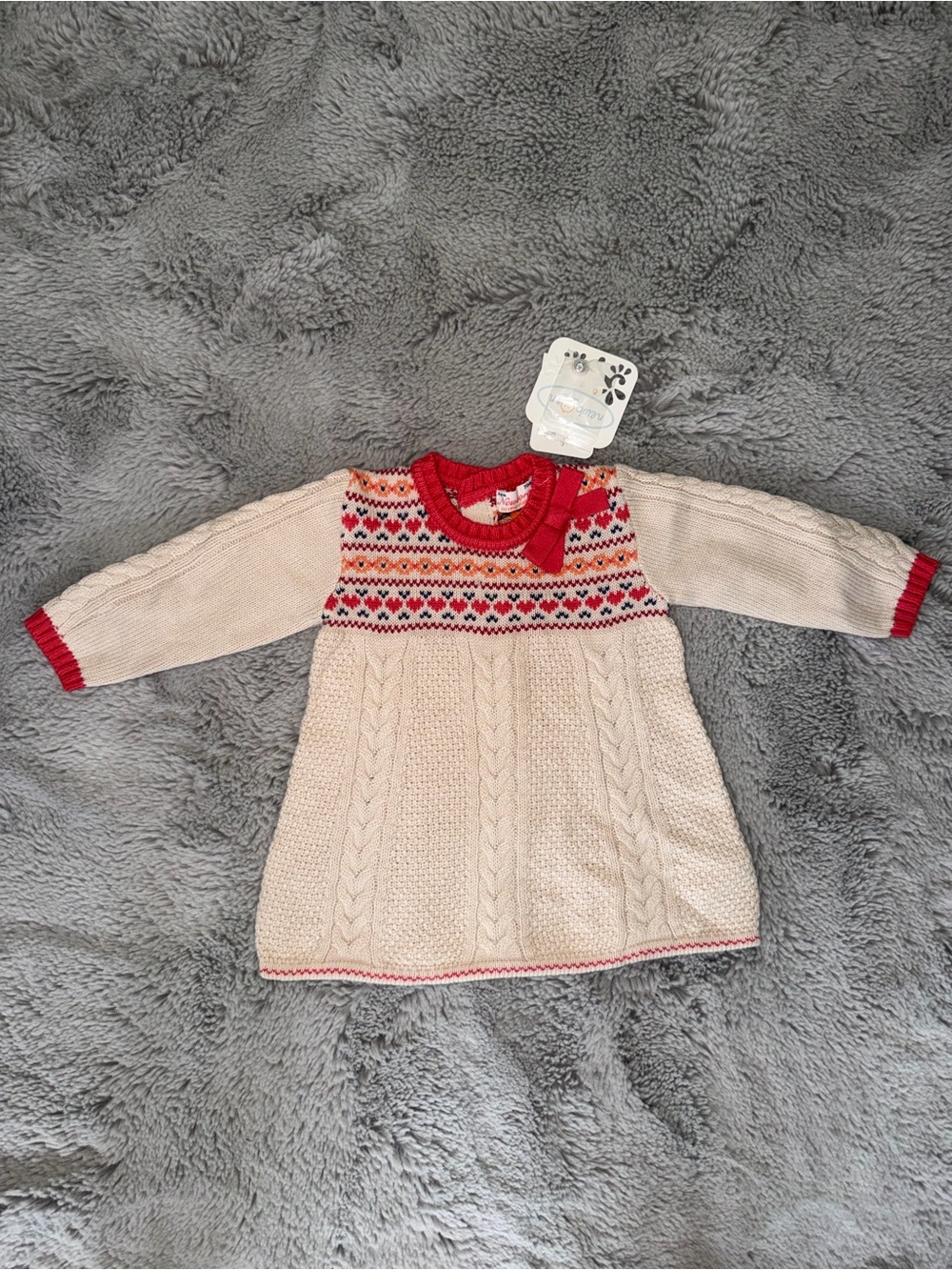 Mayoral Cream Knit Dress with Red Fair Isle Trim